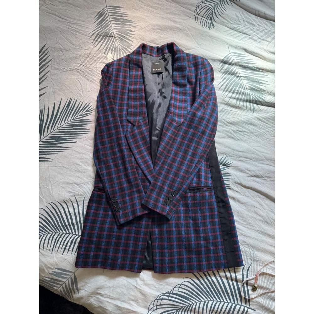 Pinko Plaid Blazer Jacket Women Italy Blue Burgundy Single Button Sz4 office - Picture 7 of 12
